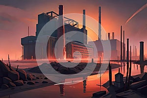 Golden Hour in the Industrial: The Setting Sun Paints a Colossal Factory with Vibrant Fiery Tones with Generative AI