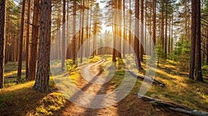 Golden Hour Journey Through Tall Pines photo