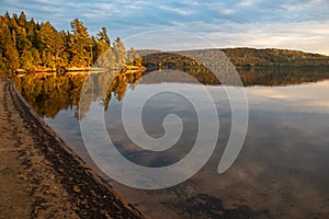 Golden hour on a lake surrounded by forest in autumn