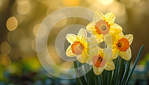 Golden hour light shines through fresh daffodils.