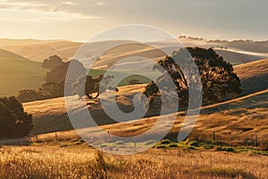 Golden Hour Light on Undulating Rural Hills