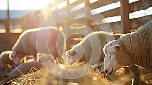 Golden hour at livestock barn, sheep eating fodder. Agricultural scene, farm animals, rural life, husbandry