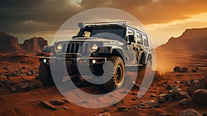 At Golden Hour A Luxury Black Color Jeep Run In Desert Mountains Blurry Background