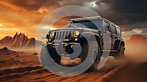 At Golden Hour A Luxury Black Color Jeep Run In Desert Mountains Blurry Background