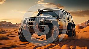 At Golden Hour A Luxury Black Color Jeep Run In Desert Mountains Blurry Background