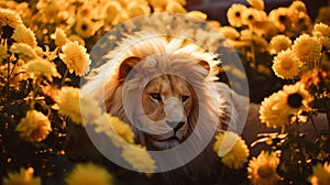 Golden Hour: Majestic Lion Resting Amongst Yellow Flowers
