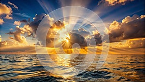 Golden hour ocean sunset with dramatic clouds and sun rays. Generative AI