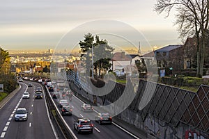 Golden Hour Over Paris at Morning With Highway Traffic