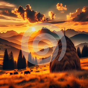 Golden Hour Over Rural Farmland With Haystacks and Mountain Backdrop in Autumn