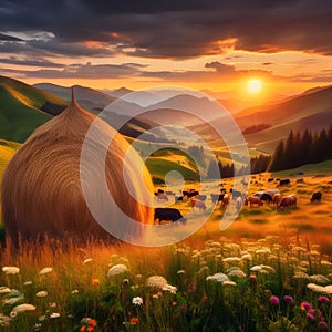 Golden Hour Over Rural Farmland With Haystacks and Mountain Backdrop in Autumn