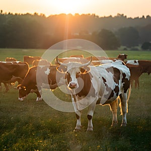 Golden hour pasture Cows roam one poses sunbeam horns