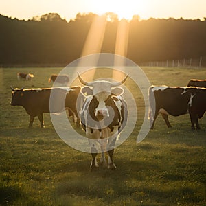 Golden hour pasture Cows roam one poses sunbeam horns