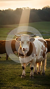 Golden hour pasture Cows roam one poses sunbeam horns