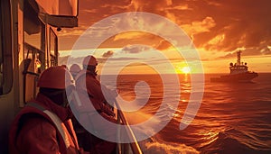 Golden hour photo of sailorman dressed uniform floating open sea on marine vessel.