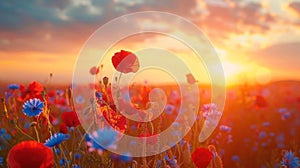 Golden Hour at the Poppy Meadow: Stunning Poppy and Cornflower Fields Bathed in Sunset Light