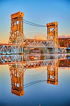 Golden Hour at Portage Lake Lift Bridge with Reflection