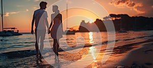 Golden hour romance sardinia beach tranquility with couple strolling hand in hand