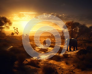 Golden hour in the savannah. Two elephants walk by the dry land at sunset. Generative AI