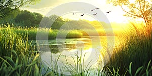 Golden Hour Serenity River Landscape at Sunset