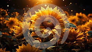 Golden Hour Splendor Over Lush Sunflower Field. Generative Ai