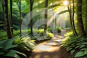 Golden Hour Sunlight Filtering Through a Dense Canopy of Leaves, Casting Dappled Shadows on a Winding Path