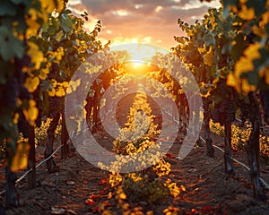 Golden hour sunlight filtering through a vineyard