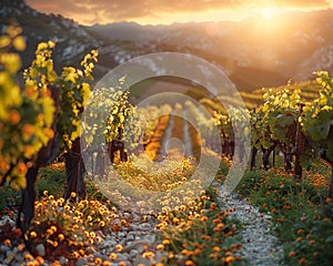 Golden hour sunlight filtering through a vineyard