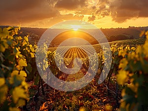 Golden hour sunlight filtering through a vineyard