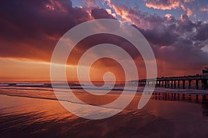 Golden hour sunset at a California beach, crepuscular rays, generative AI