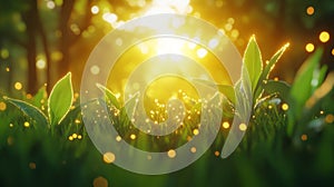 Golden Hour Sunset Over Lush Green Grass and Plants