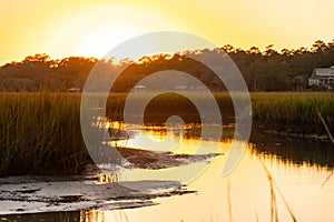 Golden hour sunset over the salt marsh in South Carolina