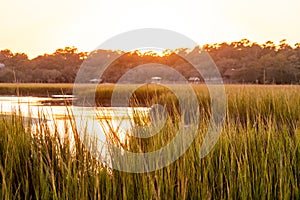 Golden hour sunset over the salt marsh in South Carolina