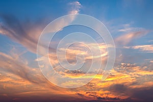 Golden hour twilight sky. Amazing colorful and cloudy sky. Dramatic and dynamic sunset