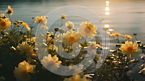 Golden Hour: Uhd Image Of Yellow Daisies By The Water