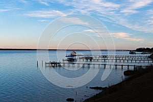 Golden hour view of dock on the Rappahannock River at Sunset