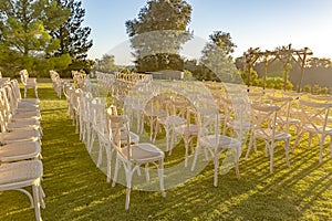 Golden hour of the wedding seating area from side