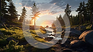 Golden Hour Wilderness Landscape: Rocky Mountains, River, And Pine Trees