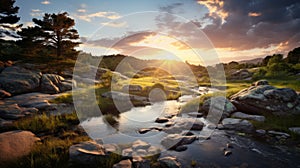 Golden Hour Wilderness Landscape: Serene Creek Surrounded By Trees photo