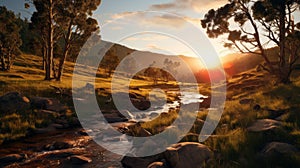 Golden Hour Wilderness Landscape: Unreal Engine Image Of Spring Creek In Rocky Australian Landscape