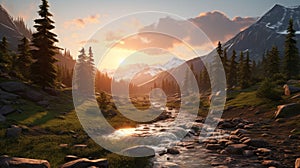Golden Hour Wilderness Landscape: Unreal Engine Rendering With Canon Ef-s 15-85mm Lens photo