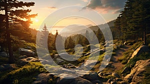 Golden Hour Wilderness Landscape: Woods, Pine Trees, Rocks, And Grass photo