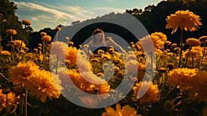 Golden Hour: Woman Amidst Yellow Flowers In Dramatic Light