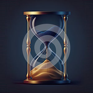 Golden hourglass on dark blue background. Hour glass is also known as sandglass, sand timer or sand clock. AI generative art,