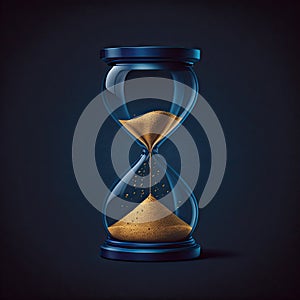 Golden hourglass on dark blue background. Hour glass is also known as sandglass, sand timer, sand clock. AI generative art,