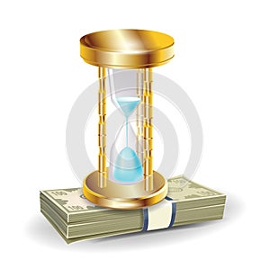Golden hourglass on money stack