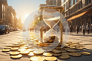 Golden hourglass with sand and coins on crowded city street, sand is turning into coins inside the glass