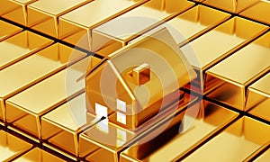Golden house real estate with plenty of fine gold bars in the safety vault background. Business economic and financial concept. 3D