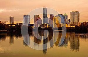 Golden Hue Austin Skyline Cityscape Reflection