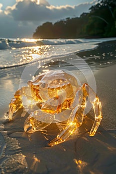 Golden Hued Crystal Crab at Sunset on Tropical Beach An Iridescent Realistic Sculpture Art Piece Illuminated by Sunlight