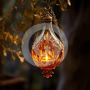 golden-hued hanging oil lamp with a clipping path